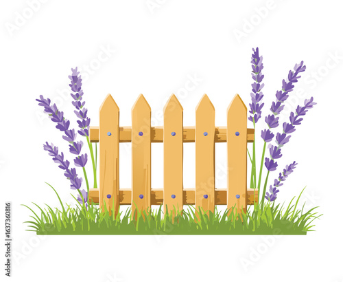 Wooden Picket Fence with Lavender and Leaves