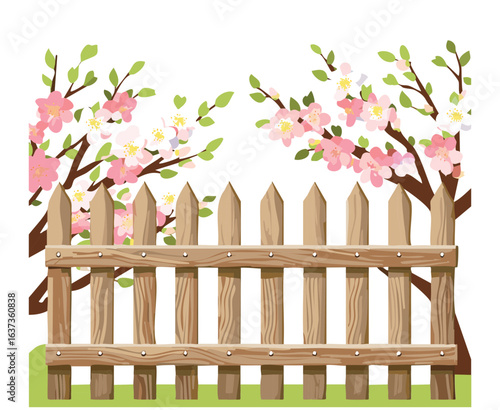 Wooden Picket Fence with a Pink Flowering Tree