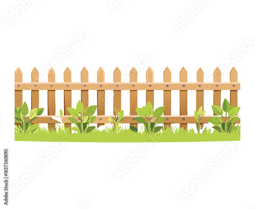 Picket Fence with Green Grass and Plants