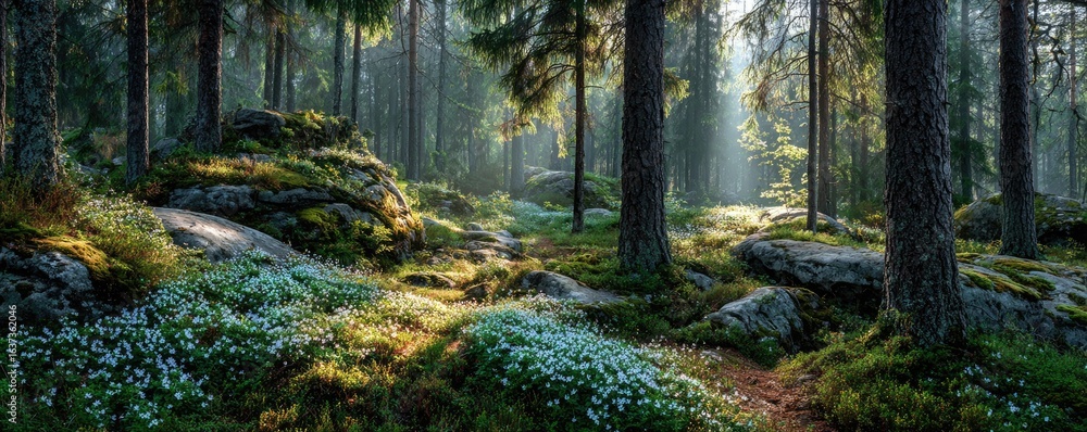 Obraz premium Sunlit forest path with wildflowers and rocks
