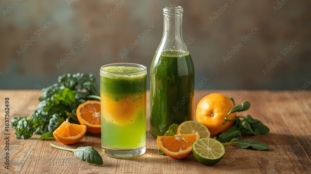 Fototapeta premium Refreshing green juice and fresh citrus fruits on a wooden table