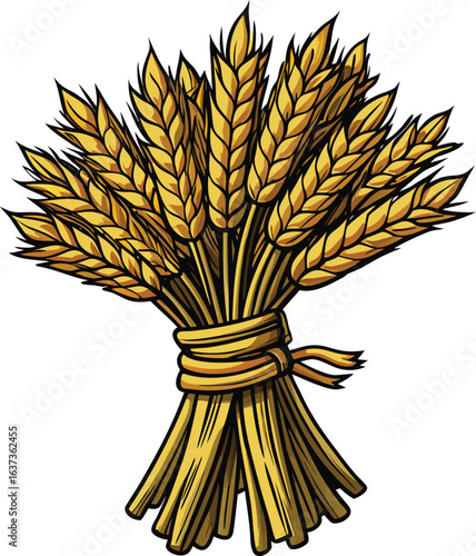 Sheaf of golden wheat ears tied with a rope grain agriculture