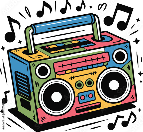 Retro boombox with bright colors and musical notes on a clear background, capturing the essence of 80s and 90s nostalgia