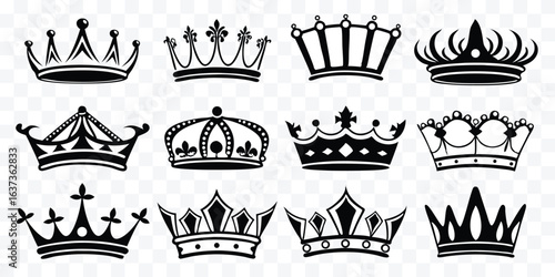 Collection of Stylized Black Crowns Vector Set Royalty and Elegance for Creative Design Projects Emblems and Logos Symbolizing Power and Authority