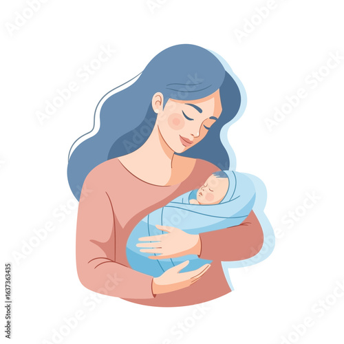 Serene mother tenderly embracing her newborn baby, a heartwarming scene of maternal love and peaceful bonding, ideal for family, parenting, and lifestyle content