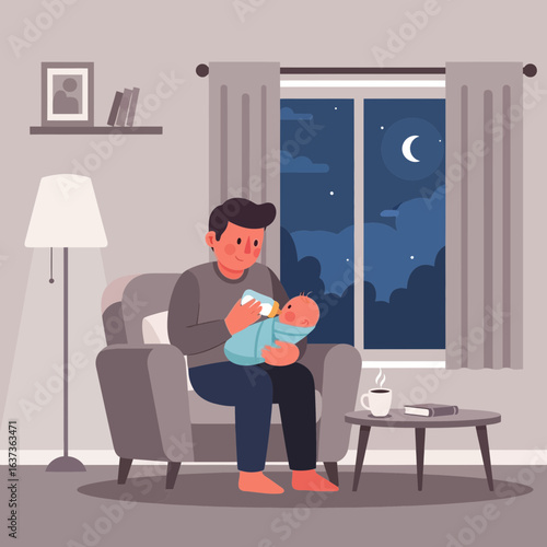 Loving father nurturing baby with bedtime bottle in cozy home interior, a tender family moment for parenting blogs and modern lifestyle campaigns showing domestic bliss