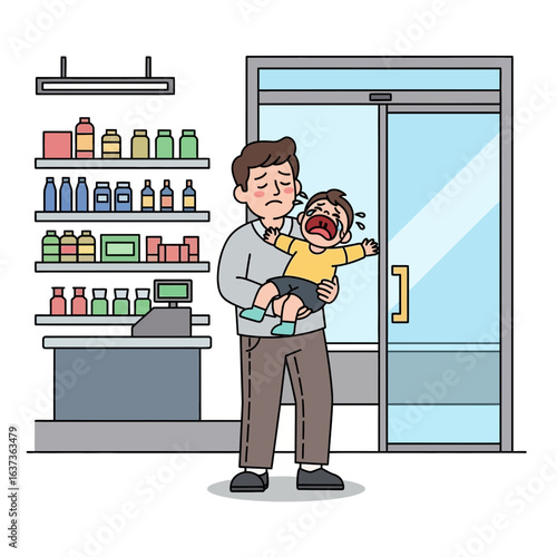 Distressed dad holds crying child at store checkout, a relatable moment of parental struggle and family life challenges, perfect for illustrating parenting articles