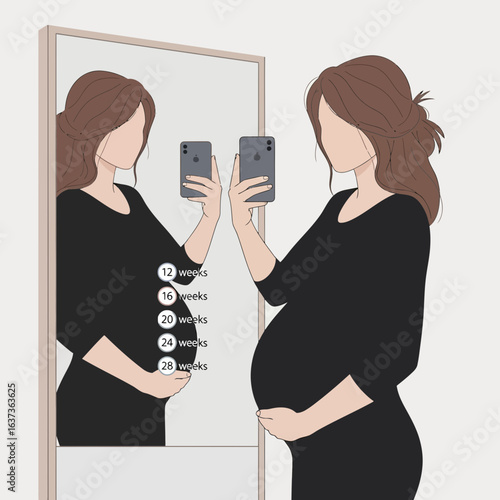 Expecting mother joyfully documents her pregnancy week by week with phone selfie reflecting in mirror, capturing the beautiful journey of motherhood and anticipation