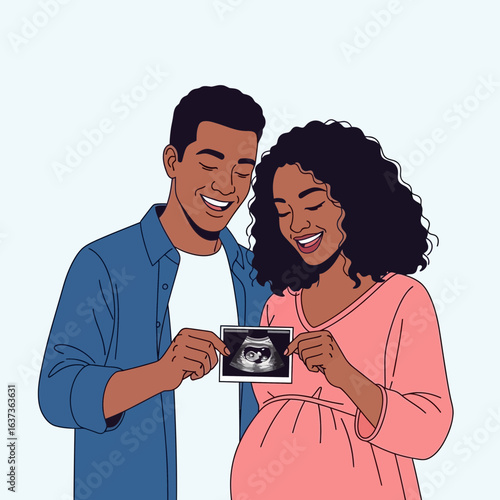 Expectant African American couple joyfully share their baby's sonogram, celebrating the upcoming arrival with love and anticipation, captured in a modern, heartwarming style