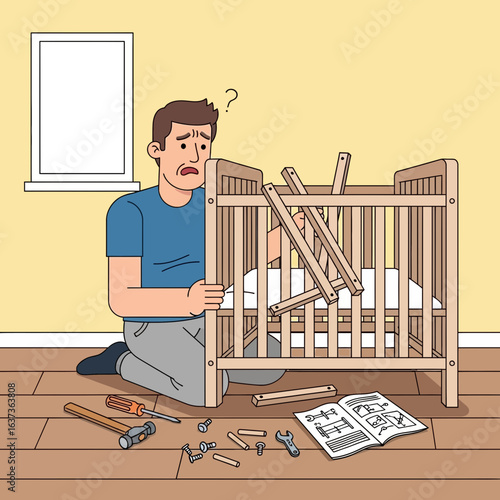 Frustrated dad struggles assembling baby crib with confusing instructions, questioning parenthood choices, humorous parenting moment, relatable struggle, modern family life