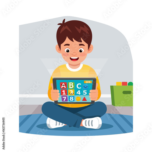 Joyful young boy enthusiastically learning letters and numbers on a tablet, fostering early education and digital engagement with a bright, playful learning app