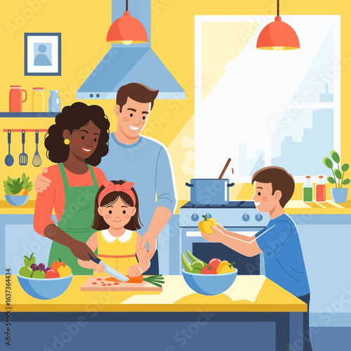 Joyful family cooking together in a bright kitchen, learning healthy habits and creating cherished memories, fostering togetherness and shared experiences through meal preparation.