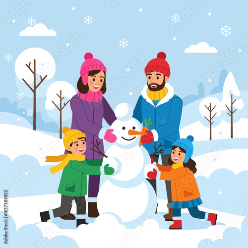 Joyful family creates a snowman together on a snowy winter day, capturing precious bonding moments and outdoor fun in a festive, heartwarming scene.