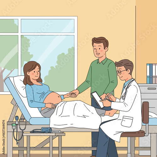 Joyful expectant parents receive positive news from caring doctor during prenatal checkup, capturing hope and happiness in a medical setting