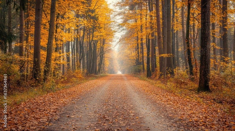 Obraz premium Remote forest road lined with autumn trees, golden leaves blanketing the ground, soft morning light and peaceful atmosphere 