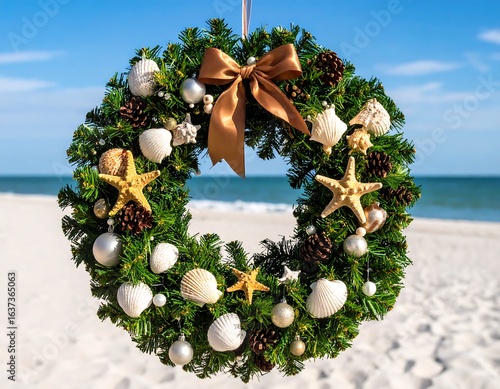 Beach themed Christmas wreath with seashells and pine cones