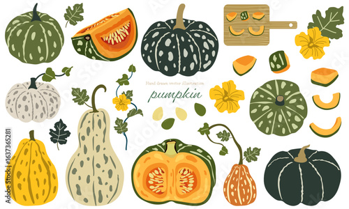 手描きのかわいいかぼちゃ素材セット