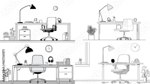 Minimalist home office desk illustration featuring chairs, lamps, plants, computers, and accessories in clean modern line style. Perfect for remote work, productivity, or workspace design themes.