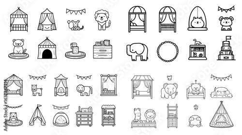 Cute collection of kids room and playground line icons including tents, toys, animals, beds, and decorations. Minimalist style ideal for children’s interior, daycare, and nursery designs.