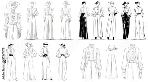 Elegant fashion illustration collection featuring women in wide pants, blouses, and hats in sophisticated monochrome style. Perfect for apparel design, branding, or fashion editorial art.
