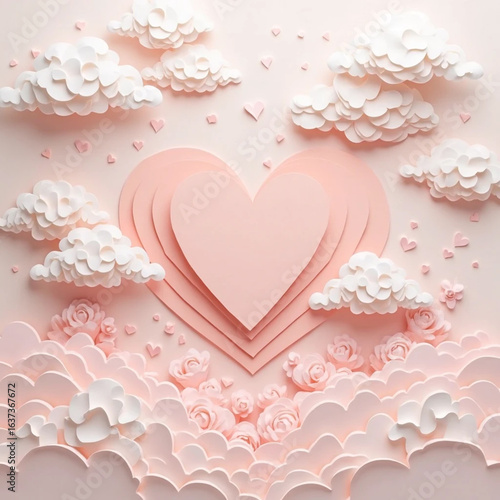 Abstract Paper Cut Clouds with Heart – Romantic Layered Pastel Design