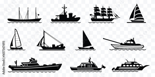 Diverse Collection of Boat and Ship Silhouettes for Nautical Themed Design Projects and Creative Illustrations