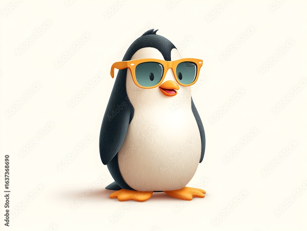 Obraz premium A cute penguin cartoon character happily poses wea fashionable orange sunglasses against a bright background.