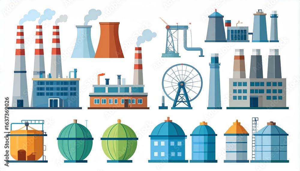 Fototapeta premium Set of Industrial factories in flat style isolated on a white background. industrial