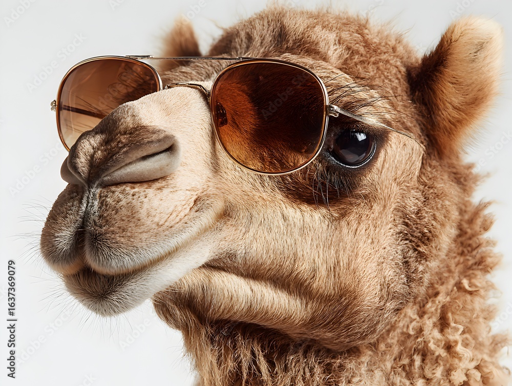 Obraz premium A cool camel with sunglasses stares with curiosity and confidence into the camera on a neutral background.