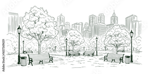 City park scene illustration with trees, benches, streetlights, and city buildings.