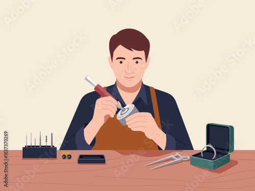 A flat vector illustration of a professional jeweler crafting a precious ring at his workbench.