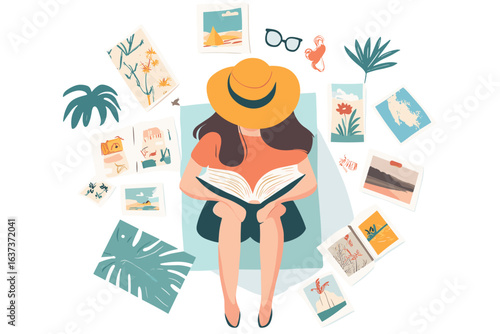 flat design of a girl journaling summer memories with photo prints and stickers around her, cozy travel mood, white background vector illustration