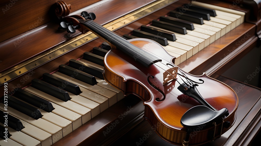 Fototapeta premium A beautifully crafted violin resting on the keys of a grand piano, showcasing elegance and musical artistry