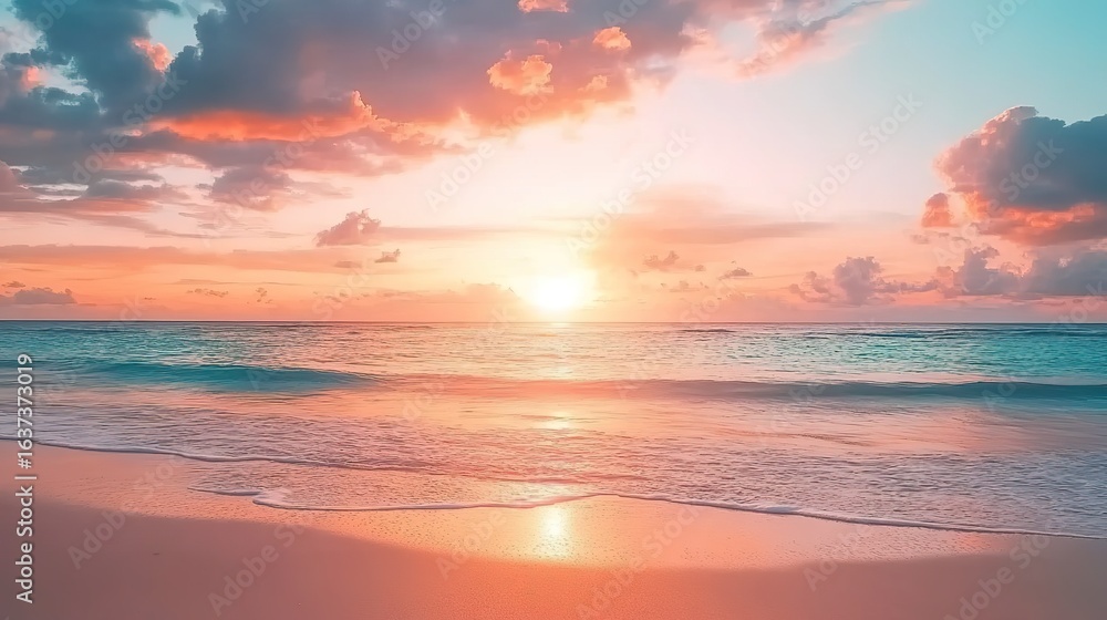 Fototapeta premium Pastel Sunset Over Ocean with Calm Water Reflection, Sandy Shore and Gradient Sky Horizon
