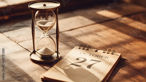 An hourglass and an open calendar on a wooden surface, symbolizing the passage of time.