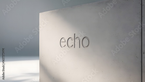 Minimalist concrete wall with the word 'echo' inscribed, bathed in soft natural light