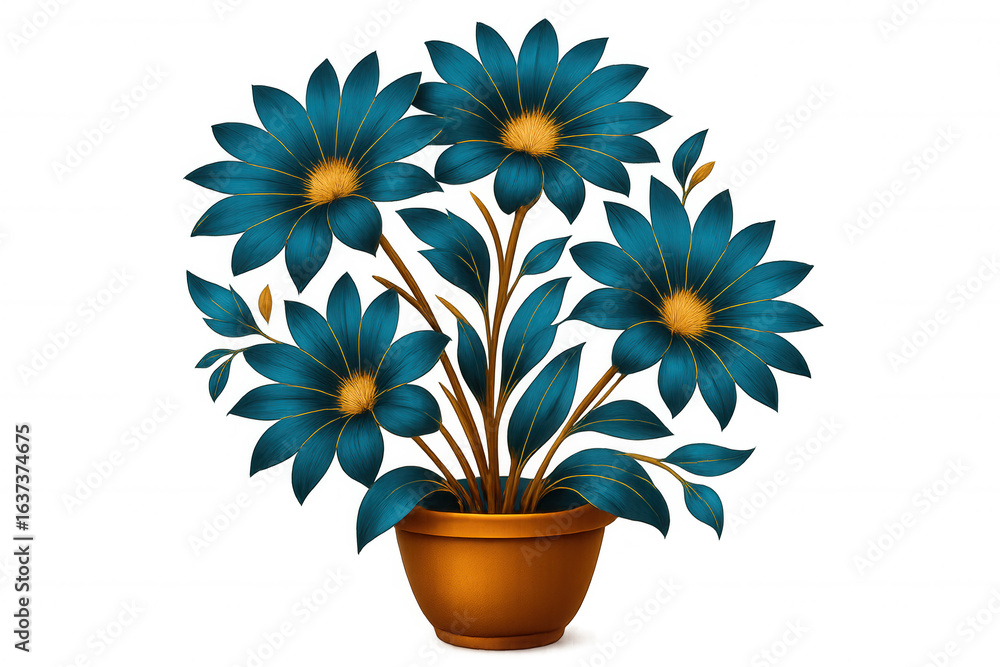 Obraz premium Vibrant blue flowers with golden accents blooming in a terracotta pot, isolated on a transparent background, perfect for design projects