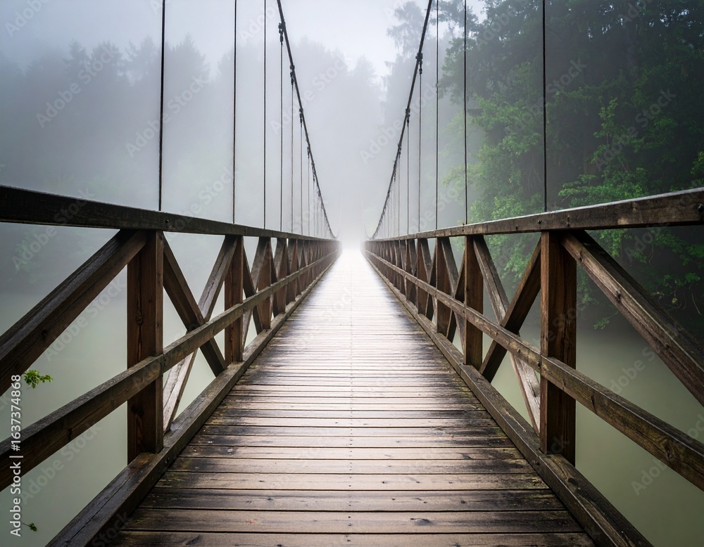 Obraz premium A person walking on a long, wooden bridge in a misty, foggy landscape. The scene is quiet, serene, and full of a sense of solitary travel.