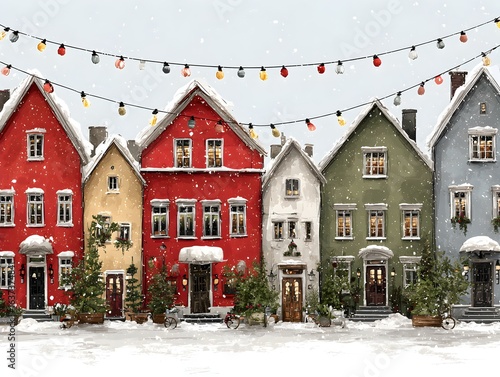 Charming watercolor houses decorated for the Christmas holidays are illuminated by a st of lights overhead.
