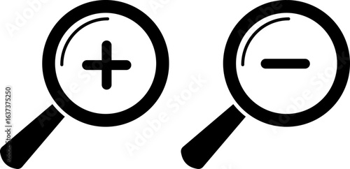 Zoom In and Zoom Out icons. Search icons. Magnifying Glass icons. Searching success icons. magnifier with plus and minus
