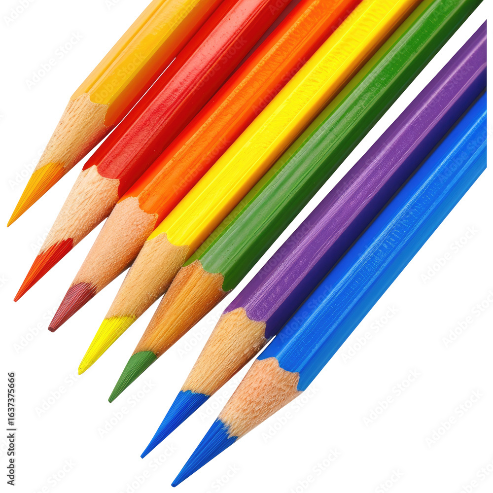 Close-up of colorful pencils. A group of assorted colored pencils, various shades of red, orange, yellow, green, blue, and purple, arranged diagonally, tips angled outward. Close-up of colorful pencils. A group of assorted colored pencils, various shades of red, orange, yellow, green, blue, and purple, arranged diagonally, tips angled outward.