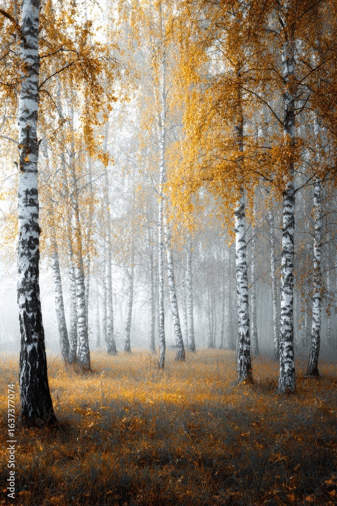 Fototapeta premium Misty Morning in Birch Forest with Golden Autumn Leaves