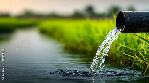 A black irrigation pipe releasing a stream of fresh water into a lush green rice field, symbolizing agriculture and water management.


