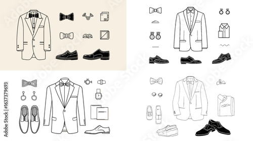 Vector illustration of men's formal outfit including suit, shoes, bow tie, and accessories. Perfect for fashion design, wedding, or men’s lifestyle branding projects.