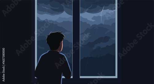 Figure stands inside watching a stormy night outside with lightning and rainfall