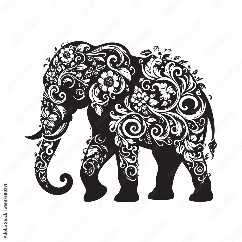 Fototapeta premium Boho Asian Elephant Silhouette with Tribal Feathers Crescent Moons and Decorative Dots SVG for Cricut Tattoo Printable Wall Art Projects