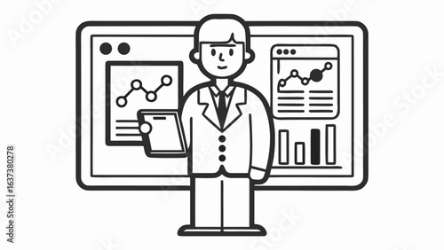 A man in a suit standing in front of a screen displaying charts and data analysis information shown here silhouette