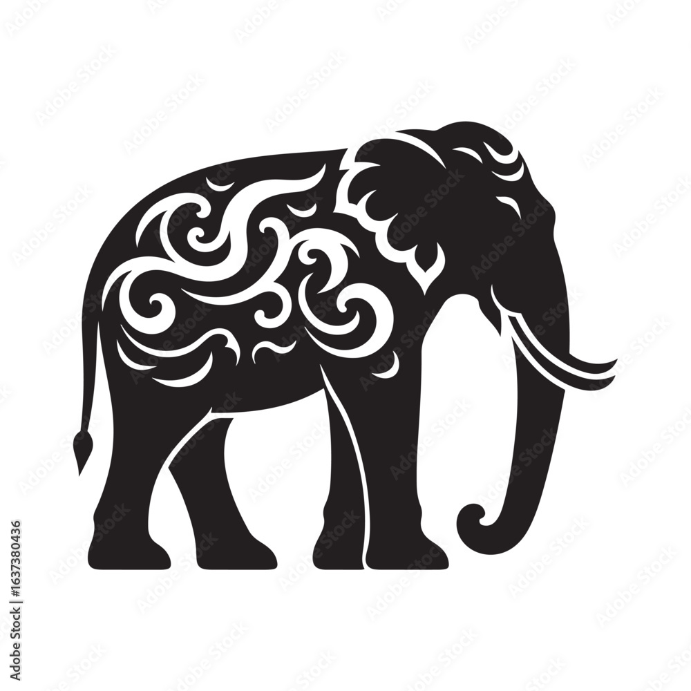 Obraz premium Tribal Asian Elephant Silhouette with Decorative Swirls and Patterned Cutouts Vector SVG for Cricut and Tattoo Art Projects