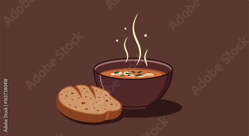 Bowl with warm soup beside brown bread on a brown background, steam emanating