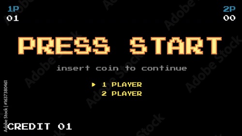 PRESS START INSERT A COIN TO CONTINUE. pixel art. 8 bit game. zoom animation. retro game. for game assets in vector illustrations. pixel art 8 bit game from vintage arcade computer. dark background